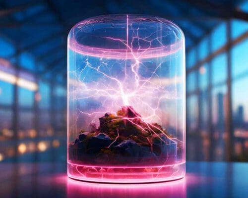 picture of a mountain in a glass container with a a lightning on top